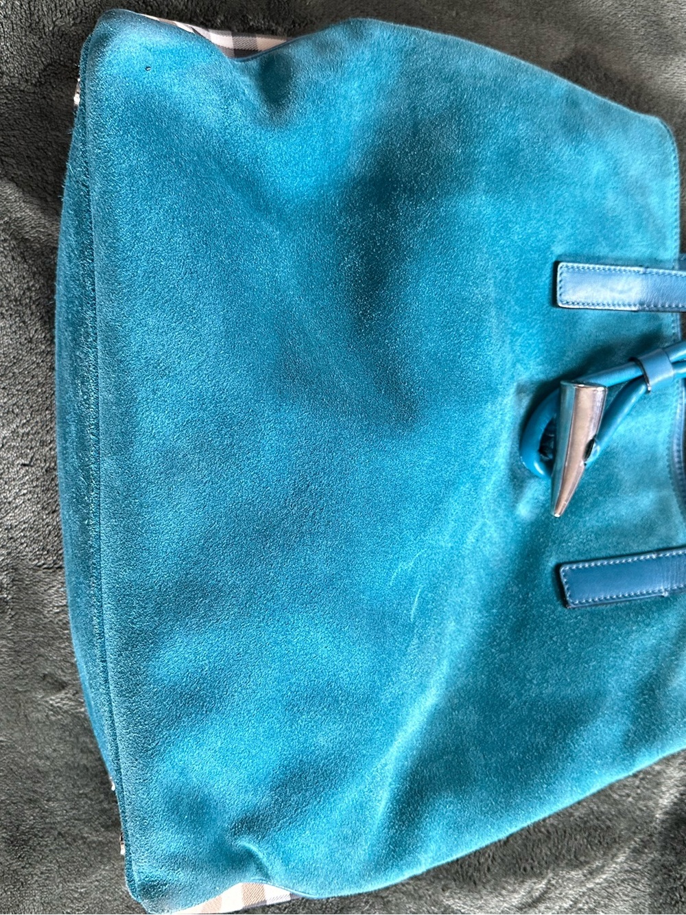 Burberry Teal Suede Tote Bag.  Very nice.  A little too small for my style.